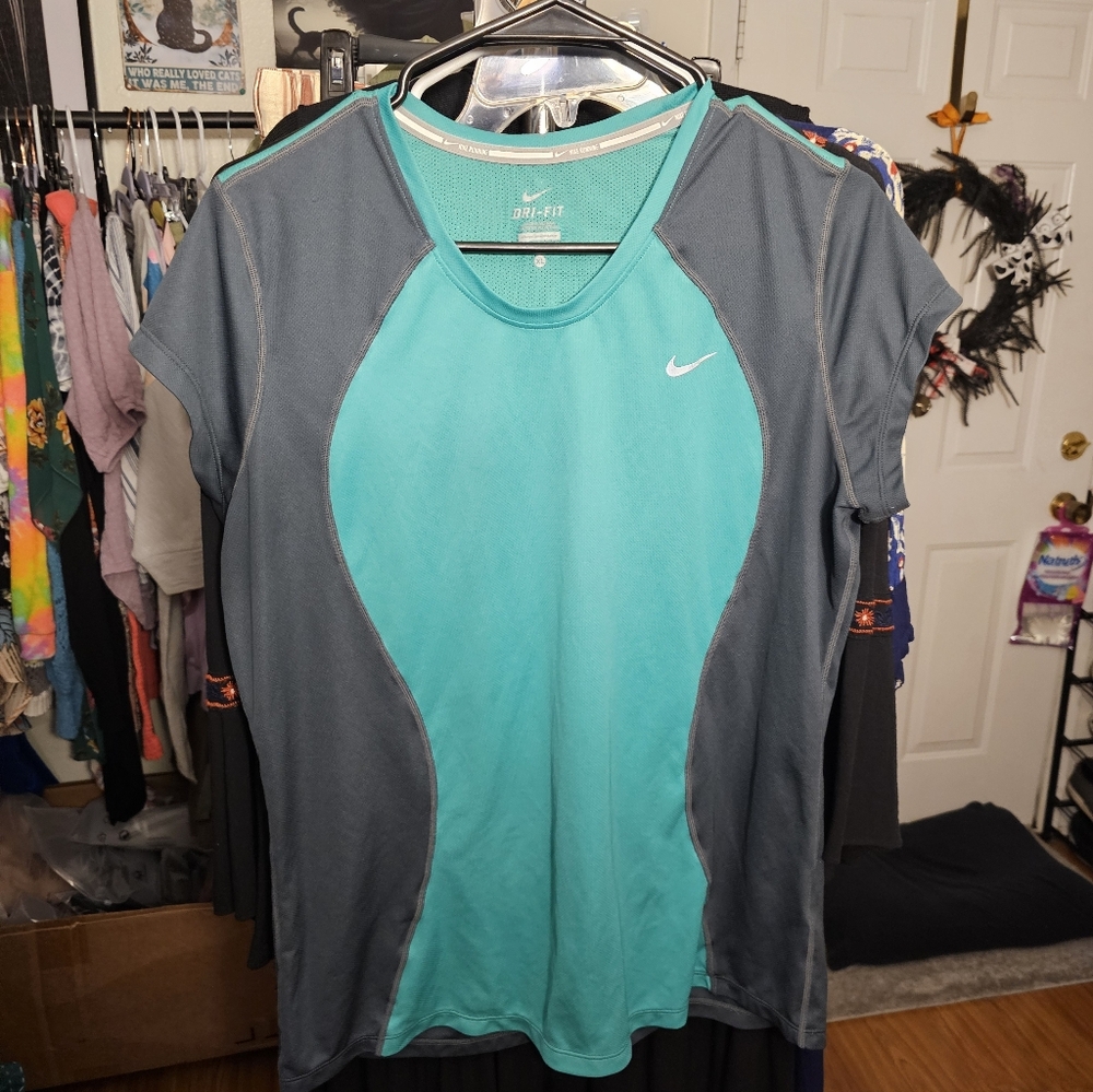 Nike Women's Teal and Charcoal Dri-Fit Running Tee